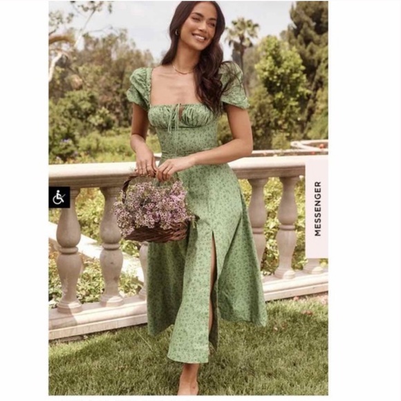 NWT House of CB Tallulah Green Tonal Floral Puff Sleeve Dress in Small (S) - Picture 7 of 17